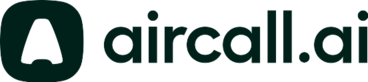 Aircall logo: white stylized "A" (phone receiver and location pin) next to the word "aircall" in white, on a gray background. Cloud-based phone system.